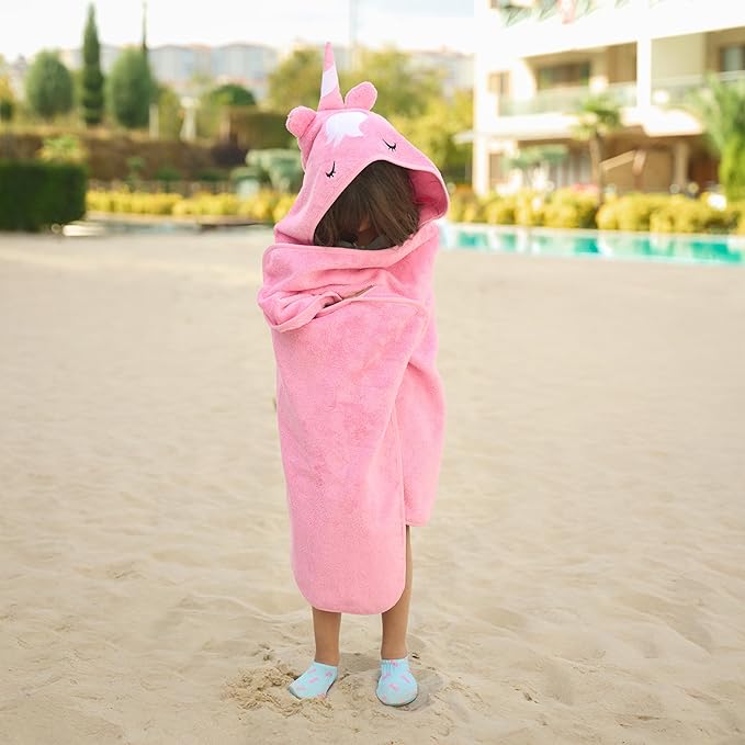BAGNO MILANO Kids Organic Turkish Cotton Hooded Beach Cover-Up Towel, GOTS Certified, for Boys and Girls (Unicorn Pink, 24"x48"+8"/Hooded Towel)