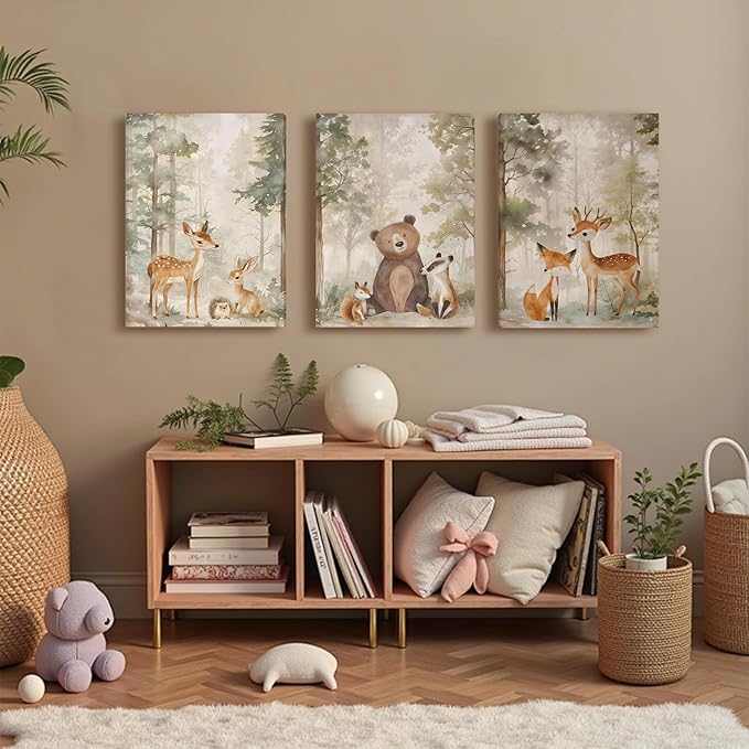 ICHZUMW Woodland Animals Nursery Wall Decor, Nursery Wall Art, Watercolor Deer Bear Fox Painting Print Artwork for Boys Girls Kids Room, Wrapped Canvas, Ready to Hang, 12x16in, Set of 3