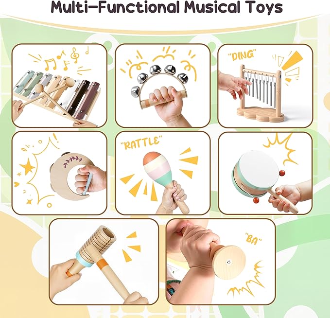 Toddler Musical Instruments-Musical Toys Montessori Wooden Toys for Toddlers 1-3 , Baby Musical Instruments with Modern Boho Xylophone Toddler Toys Birthday Gifts for Kids Preschool Educational 3+