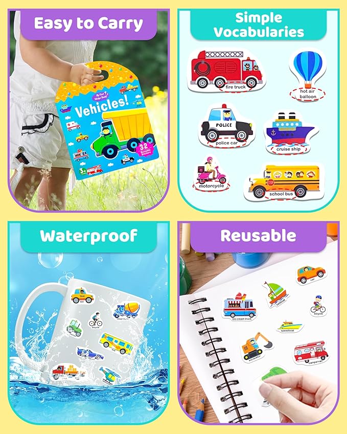 Benresive Reusable Sticker Books for Toddlers, Fun Travel Stickers for Kids, Toddler Sticker Book, Crafts Activities for Toddlers, 3 and Up Birthady Gifts - Transport