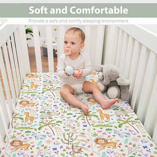 Cute Jungle Animals Baby Crib Sheets for Boy Girl 52x28Inch Lion Giraffe Elephant Hippo Trees Soft Snug Fitted Crib Mattress Cover Zoo African Safari Nursery Baby Sheet for Crib & Toddler Mattress