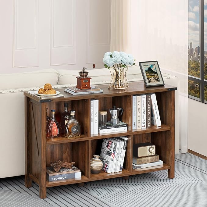 Joaxswe Farmhouse 6 Cube Book Shelf, Wood 3 Tier Storage Organizer Bookshelf, Brown Walnut 47" Horizontal Cubby Bookcase with Legs, Rustic Entryway Book Case, Long Display Cabinet for Bedroom, Office