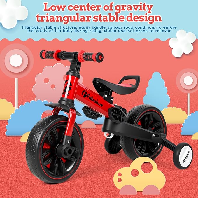 Kids Balance Bike with Push Handle, Tricycle for Toddlers 1-3 Years Old, Kids Bicycle with Adjustable Seat, Removable Pedals, Auxiliary Wheels, Foldable Metal Frame