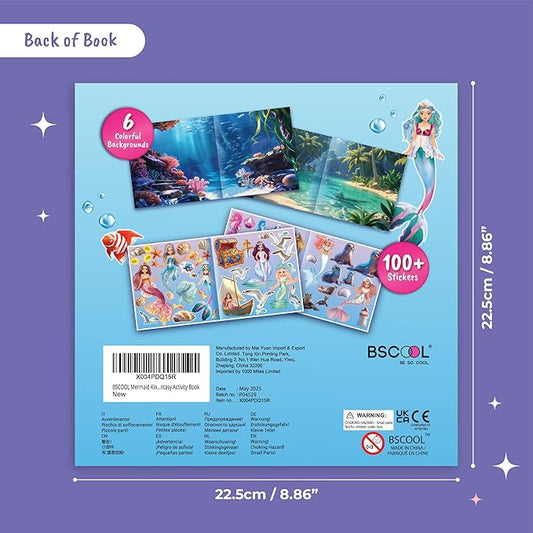 BSCOOL Mermaid Kingdom Reusable Sticker Book, 100+ Stickers, Underwater Fantasy Activity Book - Mermaid Sticker Dress Up for Girls Ages 4-6. Airplane Stickers Book for Toddlers. Christmas Gift