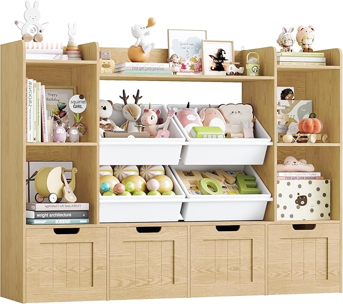 LULUBEAR Toy Storage Organizer, Toy Organizer with 4 Movable Drawers and 4 Box Bins, Kids Playroom Storage Organization with Hidden Wheels for Living Room, Kids Room, Natural