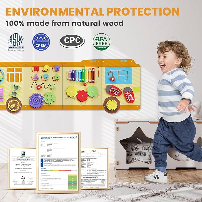 BlueWood Wooden Wall Busy Board Panels, Toddler Learning Activity Center, Montessori Philosophy Sensory, Educational Toys, Conducive to All-Round Development - School Bus