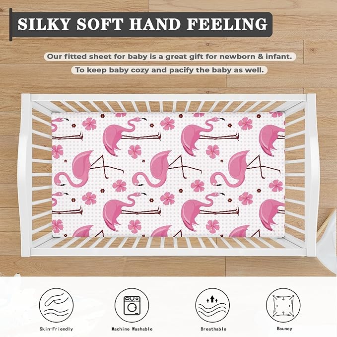 Pink Flamingos Fitted Crib Sheet for Girls Tropical Flowers Baby Sheet for Standard Crib and Toddler Cute Flamingo Nursery Bed Mattress Sheets 28"x52"