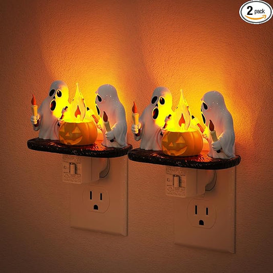 Halloween Night Light,Amber Night Lights Plug into Wall,Cute & Funny Flaming Jumping Night Light,Plug in Ghost & Pumpkin Nightlight with 360° Rotatable for Kids Halloween Party Decor, 2 Pack
