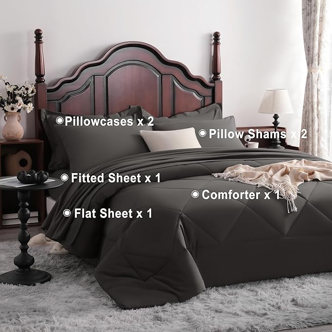 NTBAY King Comforter Set with Sheets, 7 Pieces Soft and Breathable King Bedding Set, Bed in a Bag, Down Alternative Comforter Set Solid Color All Season, King Bedding Set, Dark Grey
