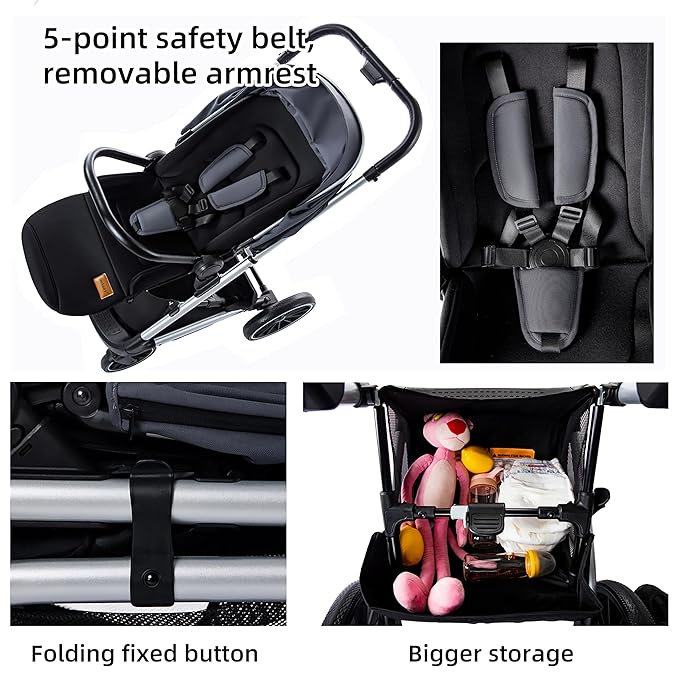 Reversiable Stroller,Toddler Pram with Convertible Seat, Foldable Travel Strollers with Lying Model, Stroller High Landscape Oversized Wheels.Luxury Baby Carriage Suit Toddler Infant,Gray (Gray)