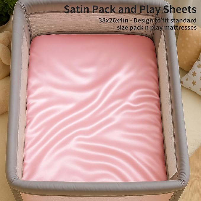 Pro Goleem Satin Pack and Play Playard Sheet, Fitted 2 Pack Great for Baby Hair Silky Feeling 27x39 Inch Playard Mattress Cover Portable Mini Crib Sheet for Girls(Pink & Purple)