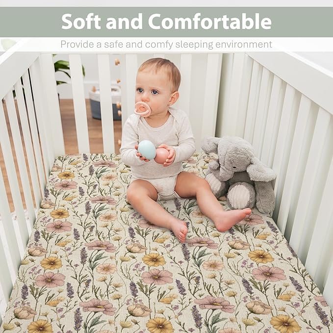 Vintage Floral Baby Crib Sheets for Boy Girl 52"x28" Retro Boho Flowers Soft Stretchy Fitted Crib Mattress Covers Wild Plant Spring Summer Baby Sheet for Standard Crib & Toddler Mattress Pad