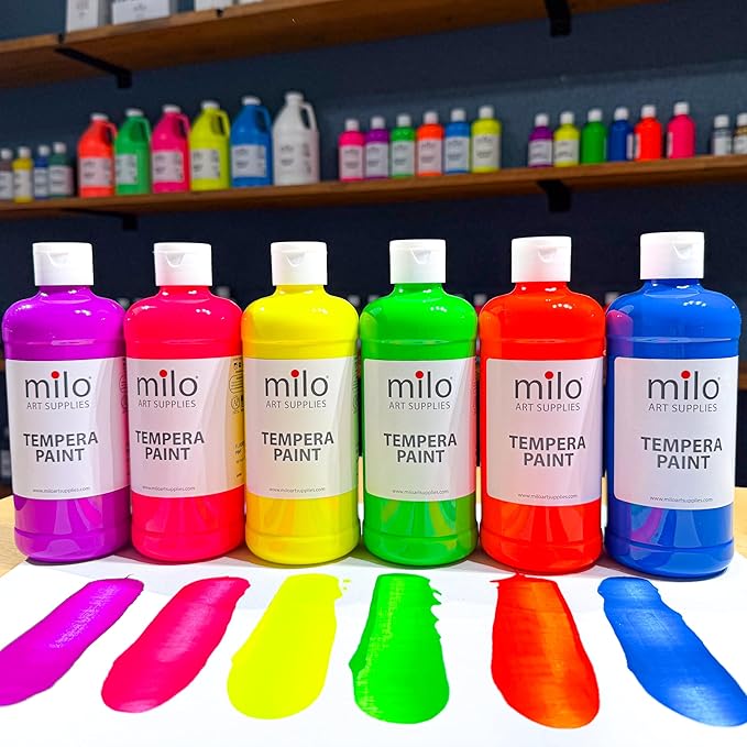 milo Fluorescent Neon Washable Paint | 16 oz Bottles 6 Colors | Made in the USA | Glows UV in Black Light | Safe & Non-Toxic Tempera Paint for Arts & Crafts, Poster, Window, Classroom, School, Project