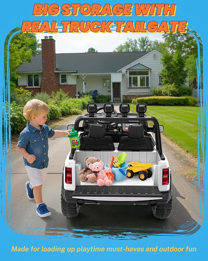 ENYOPRO 24V 2 Seater Ride on Car for Kids, Licensed RAM 1500 RHO Ride on Truck w/Remote Control, Toddlers Electric Car w/LED Lights, Bluetooth, Soft Start, 4-Wheel Suspension, Rear Cargo Bed (White)