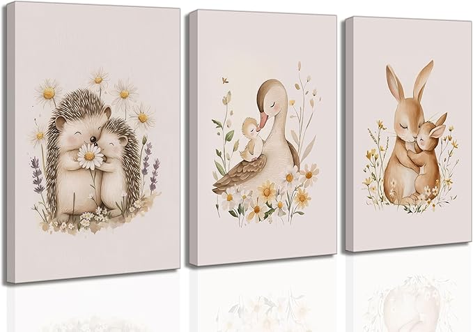 3 Pcs Animal Nursery Canvas Wall Art Watercolor Baby Animals with Wildflowers Painting Picture Wall Decor Cute Rabbit Hedgehog Duck Nursery Paintings Artwork for Kids, Baby Room Home Decoration