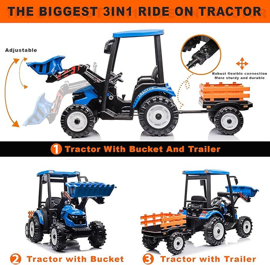 Kidsera 24V Kids Ride on Tractor with Trailer & Front Loader, 3 In1 Tractor 4-Gearbox 24volt Dual Motors Metal Frame, 24V Ride on Toys for Big Kids, Power Wheels Kids Electric Vehicles (Blue)