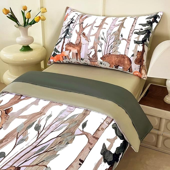4 Pieces Woodland Animal Toddler Bedding Set, Forest Deer Bear Fox Bed Comforter Set for Boys Girls, Cute Toddler Bed Set Includes Comforter, Flat Sheet, Fitted Sheet and Pillowcase