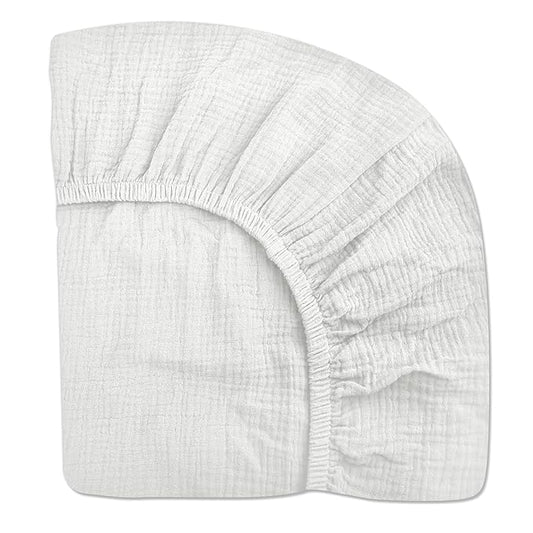 Mini Crib Sheets for Baby, Fitted Pack N Play Mattress and Mini Cribs 24" x 38", Neutral Muslin Cotton Mini Crib Mattress Sheet with Boho Style, Soft and Breathable Comfort (White)