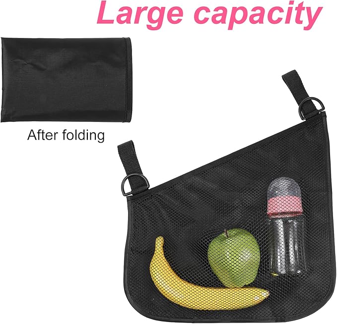 WJIAAA 2 Pack Side Sling Stroller Organizer, Universal Portable Side Sling Stroller with Mesh Cargo Net, Black Adjustable Mesh Storage Bag with Non-Slip Straps for Extra Cargo Space