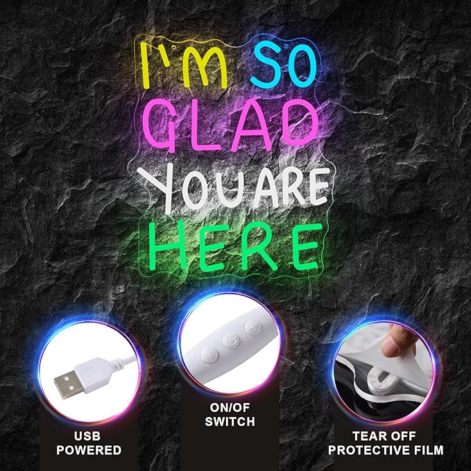 I'm So Glad You Are Here Neon Sign Rainbow Words Dimmable Neon Light for Wall Decor Welcome LED Signs for Classroom USB Powered Colorful Light Up Sign School wedding Kid Room Party Business Wall Art