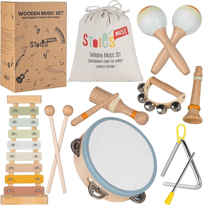 Stoie's Wooden Toddler Musical Instruments with Xylophone, Maracas, Triangle, Tamburine for Babies and Kids, Eco Friendly Montessori Educational Toy