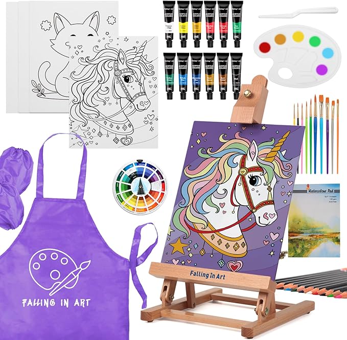 Falling in Art 46 Pcs Acrylic Paint Set with Table Easel, Art Painting Kit with Acrylic Paints, Canvas Panels, Paintbrushes, Canvas Supplies Kit for Kids, Adults, Beginners, and Artists, Purple
