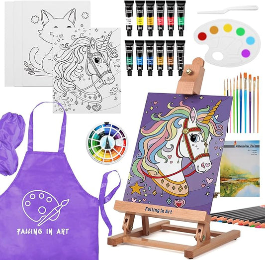 Falling in Art 46 Pcs Acrylic Paint Set with Table Easel, Art Painting Kit with Acrylic Paints, Canvas Panels, Paintbrushes, Canvas Supplies Kit for Kids, Adults, Beginners, and Artists, Purple
