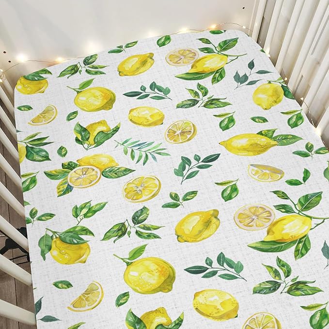 Watercolor Lemons Baby Crib Sheets for Boy Girl 28"x52" Retro Yellow Lemon Green Leaves Soft Snug Fitted Crib Mattress Cover Tropical Summer Fruits Baby Sheet for Standard Crib & Toddler Bed Mattress