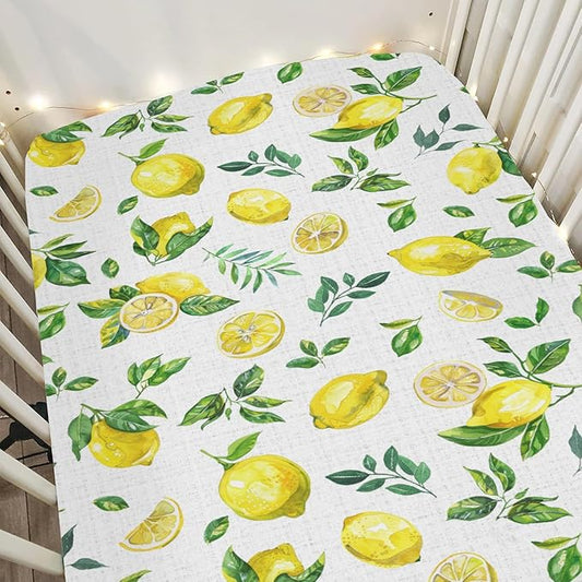 Watercolor Lemons Baby Crib Sheets for Boy Girl 28"x52" Retro Yellow Lemon Green Leaves Soft Snug Fitted Crib Mattress Cover Tropical Summer Fruits Baby Sheet for Standard Crib & Toddler Bed Mattress
