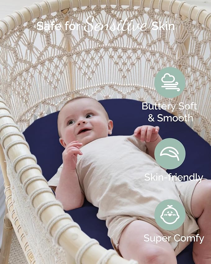 Bassinet Fitted Sheets 33x20 for Baby Beside Dreamer Bassinet & Bedside Sleeper - Buttery Soft, Premium Stretchy Jersey Knit Sheets - Navy + Grey + Cloud, 3 Pack