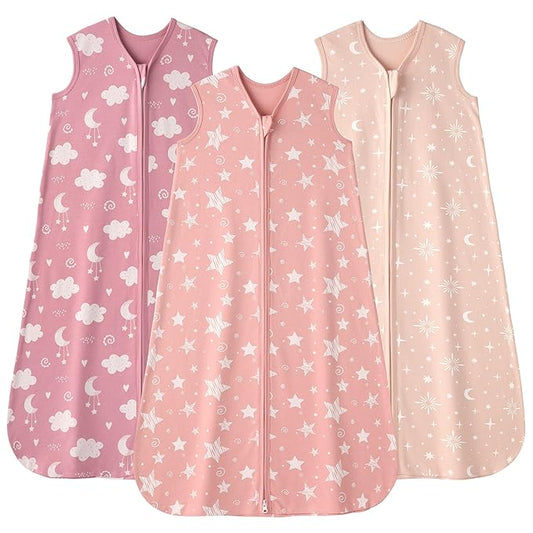 Baby Sleep Sack 12-18 months, 100% Cotton Sleeping Sack for Toddler, 3 Pack Baby Wearable Blanket, 0.5 Tog Lightweight Double Zipper Sleep Bag Large Pink Stars Moon