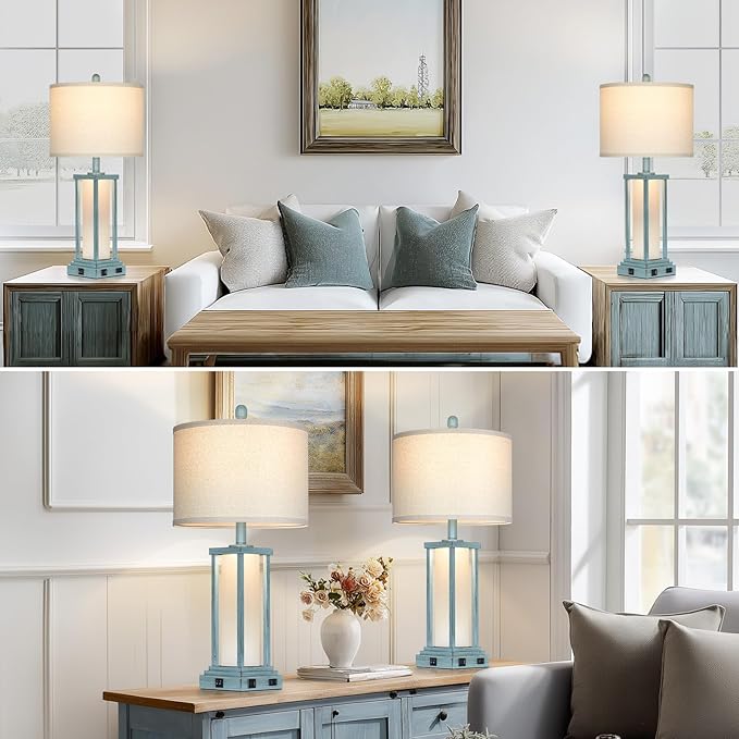 Cinkeda 27" Tall Vintage Table Lamp Set of 2 with USB C+A & Outlet,Nightstand Lamp for Living Room,Coastal Bedside Lamps with Frosted Glass Night Light for Bedroom Entryway,Blue