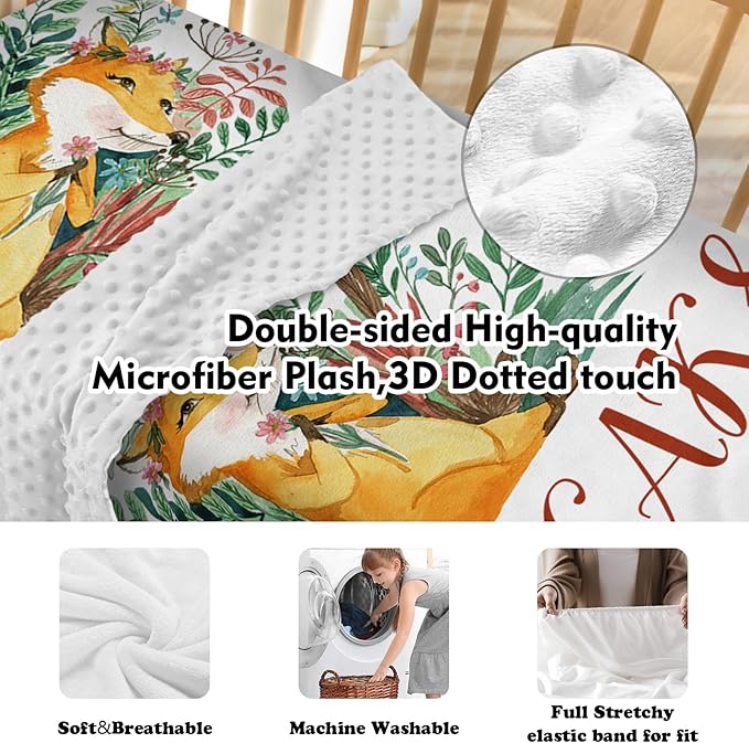 Custom Name Crib Bedding Set, Personalized Fox Baby Bedding 5-Piece Set with Soft Blanket Fitted Sheet Changing Pad Cover Rug and Wall Art, Cute Forest Animal Nursery Decor for Newborn Boys Girls