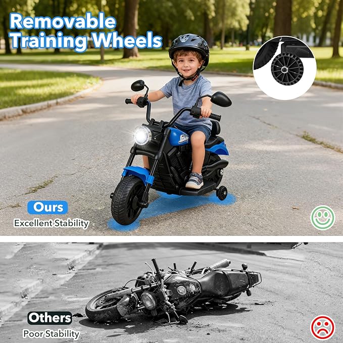 HONEY JOY Toddler Motorcycle, 6V Battery Powered Electric Motorcycle for Kids, Detachable Training Wheels, Music, Foot Pedal, Headlights, Forward/Backward, 3-Wheel Ride On Toy for Boys Girls (Blue)