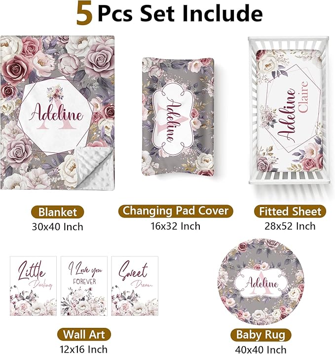 Personalized Baby Bedding - 5 Pcs Custom Name Bedding for Girls & Boys - Soft Toddler Crib Sets for Infant Customized Gifts, Rose