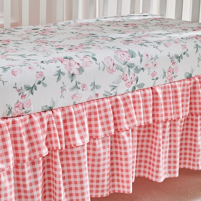 3 Piece Floral Crib Bedding Set, Soft Quilted Baby Comforter with Fitted Sheet & Ruffled Crib Skirt, Breathable and Cozy Shabby Chic Nursery Decor