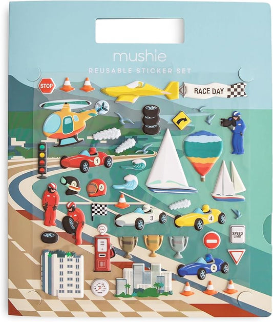 mushie Reusable Sticker Book Set (Race Cars) | 100+ Removable Puffy Stickers | Arts & Crafts Activity for Kids | Ages 3+