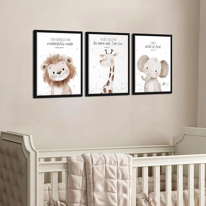 Nursery Wall Art, Kids Bible Verse Animal Canvas Wall Decor Paintings, Cute Safari Christian Pictures Posters Prints for Kids Boys and Girls Room Bedroom 16x24 Inch Wood Framed