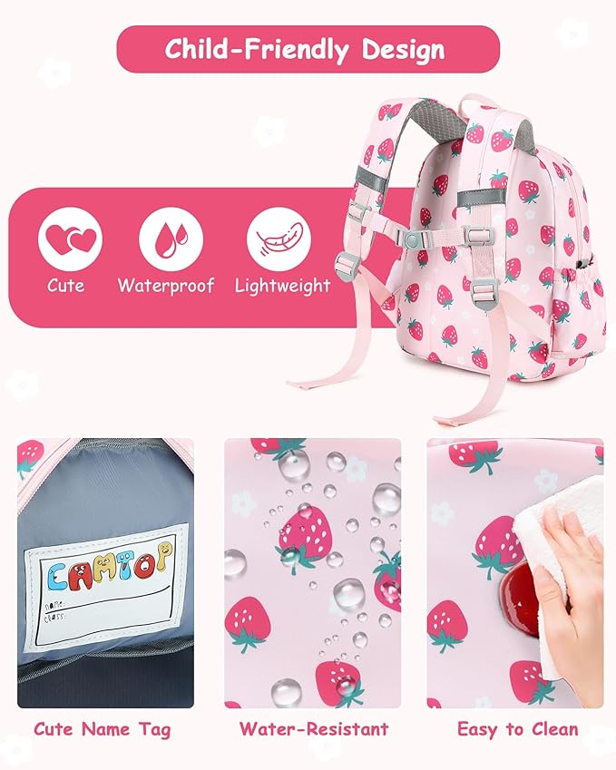 CAMTOP Toddler Backpack for Boys Girls 2-4, Kids Backpacks for Kindergarten Preschool, 12" H Small Bookbag for Daycare Travel (Pink Strawberry, 12''- Not fit A4 folder)
