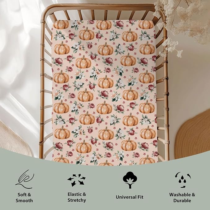 Vintage Floral Pumpkin Fall Baby Crib Sheets for Boy Girl 52x28 Pastel Pumpkins Flower Soft Snug Fitted Crib Mattress Cover Autumn Thanksgiving Harvest Baby Sheet for Standard Crib & Toddler Mattress