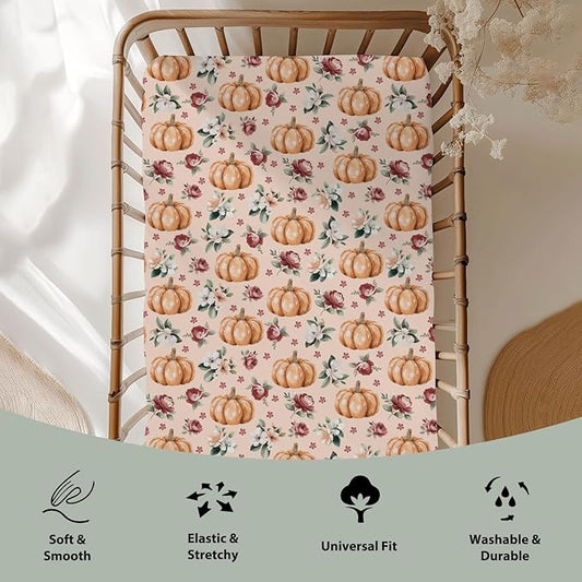 Vintage Floral Pumpkin Fall Baby Crib Sheets for Boy Girl 52x28 Pastel Pumpkins Flower Soft Snug Fitted Crib Mattress Cover Autumn Thanksgiving Harvest Baby Sheet for Standard Crib & Toddler Mattress