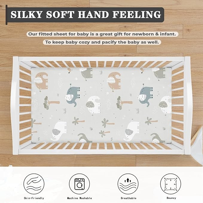 Elephants Fitted Crib Sheet for Boys Girls Trees Birds Animals Print Baby Sheet for Standard Crib and Toddler Elephant Grey Nursery Bed Mattress Sheets 28"x52"
