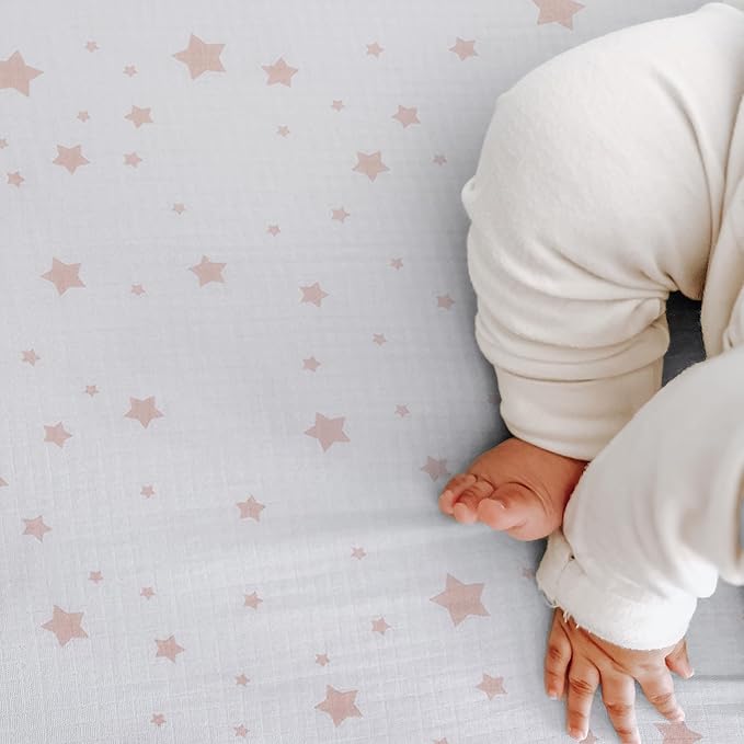 Newton Baby Organic Fitted Crib Sheets (2-Pack) - 100% Breathable and Ultra-Soft, 100% Organic Muslin Cotton, Stardust Print in Blush Coral + Solid White, Fits All Standard Cribs