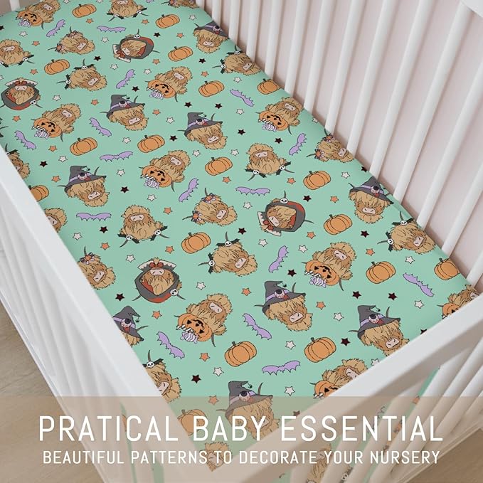Highland Cow Halloween Baby Crib Sheets for Boy Girl Western Cowboy Fall Pumpkin Bats Soft Snug Fitted Crib Mattress Covers for 52''x28'' Standard Crib & Toddler Mattress Spooky Farm Animal Bed Sheet