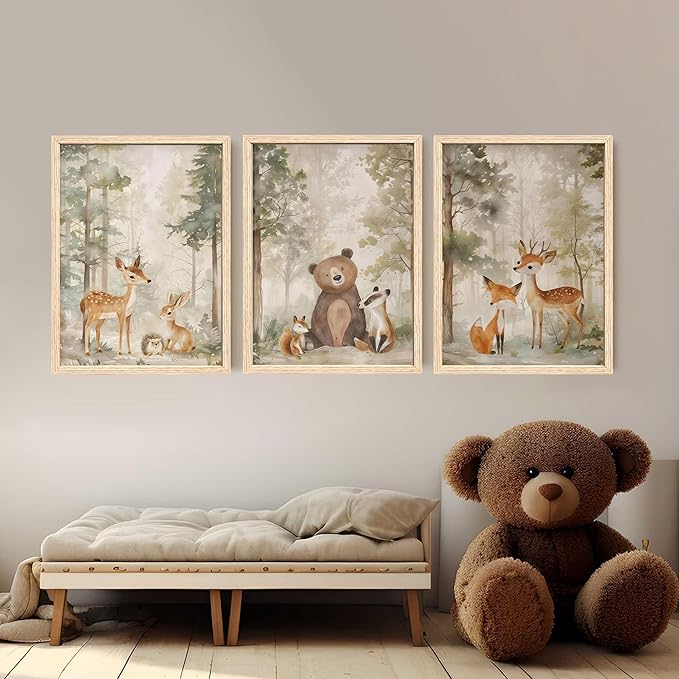 ICHZUMW Woodland Nursery Decor Wall Art Set of 3, Cute Forest Friend Animal Canvas Prints Bear Fox Deer Pictures, Nature Watercolor Paintings, Baby Room Kids Bedroom Playroom, Neutral Artwork 12x16in