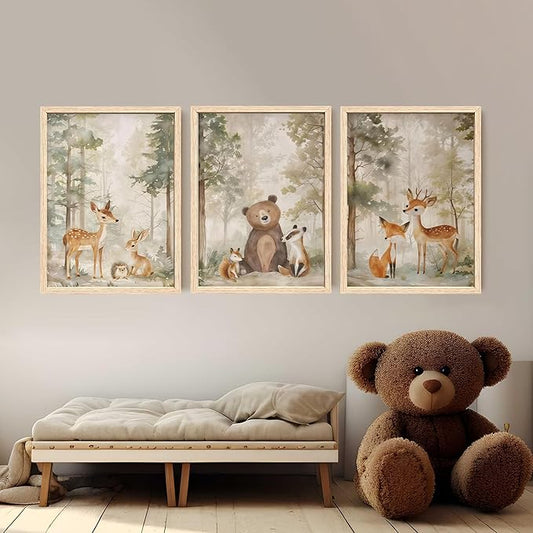 ICHZUMW Woodland Nursery Decor Wall Art Set of 3, Cute Forest Friend Animal Canvas Prints Bear Fox Deer Pictures, Nature Watercolor Paintings, Baby Room Kids Bedroom Playroom, Neutral Artwork 12x16in