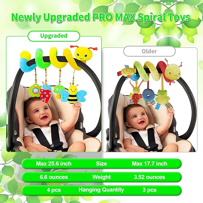 Car Seat Toys for Babies 0-6 Months, Spiral Car Seat & Stroller Activity Toy, Soft Plush Hanging Toys with Rattles, Best Gift for Ages 0 and Up