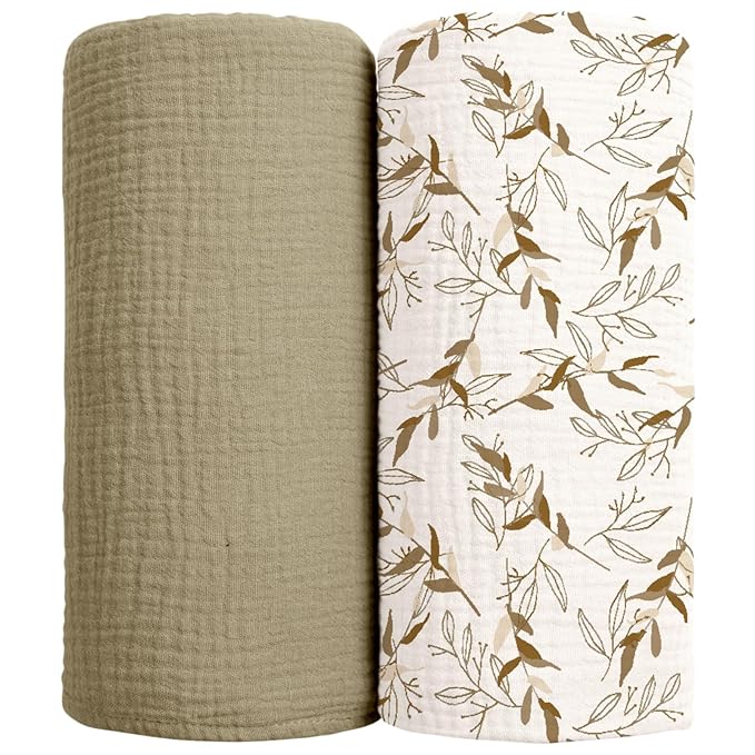lulumoon Muslin Swaddle Blankets for Baby: Cotton & Soft Receiving Blanket for Newborn with Branche Printed- Neutral Gift for Baby Shower 2pack(Olive Branche)