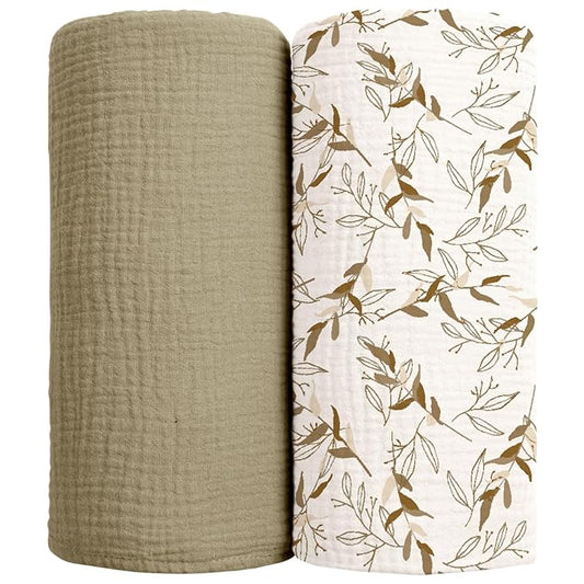 lulumoon Muslin Swaddle Blankets for Baby: Cotton & Soft Receiving Blanket for Newborn with Branche Printed- Neutral Gift for Baby Shower 2pack(Olive Branche)