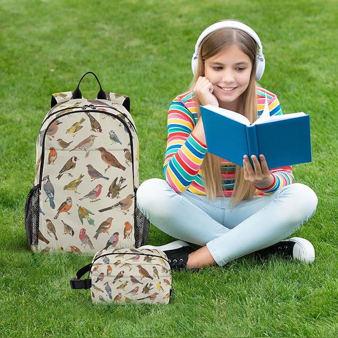 Jucciaco Vintage Birds Backpack with Lunch Bag, School Travel Backpack for Teens Boys Girls Kids Backpacks Set
